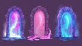 Gates, frames, and a glowing teleport entrance with steam and fog in a cartoon modern illustration set with stone and Royalty Free Stock Photo