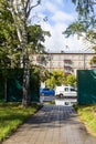 Gates in noise barrier of road on city street