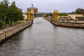 Gates open to permit ship to enter lock on Dnieper River near Zaporozhye