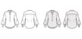 Gathered blouse technical fashion illustration with curved mandarin collar, henley neck, long bishop sleeves with cuff. Royalty Free Stock Photo