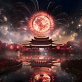 Gathered residents around a Chinese temple watching a fireworks display. New Year\'s fun and festivities