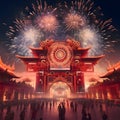 Gathered residents around a Chinese temple watching a fireworks display. New Year\'s fun and festivities