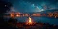 Gathering Around a Nighttime Campfire A Cozy Atmosphere for Socializing. Concept Campfire Stories, Roasting Marshmallows, Warm