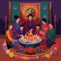 Gathering Around a Traditional Tibetan Altar for Losar & x28;Tibetan New Year& x29;