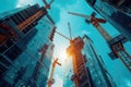 A gathering of cranes stands next to towering buildings in an urban environment, A team of construction robots working on a