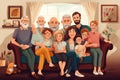 A gathering of individuals sitting on a couch, Happy, generations and portrait of big family on sofa for relax, smile and bonging