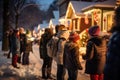 A gathering of individuals standing together on a street covered in snow, Children and adults caroling in a snowy neighborhood for