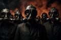 A gathering of individuals, wearing protective gas masks, shields themselves from potentially hazardous elements., people with gas