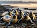 A gathering of lively seals enjoying the evening on a rocky shore