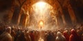 Large Group of People Standing in Front of a Doorway for Ascension of Jesus Christ Into Heaven. Generative AI. Royalty Free Stock Photo