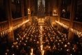 A gathering of numerous individuals holding lit candles inside the walls of a church, A grand Christmas church scene with people Royalty Free Stock Photo