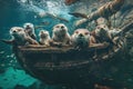 A gathering of otters calmly perched on the surface of a boat, A group of playful sea otters frolicking around a sunken pirate