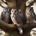 A gathering of owls in a tree, exchanging New Years Eve resolutions on parchment scrolls1