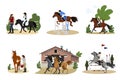 Gathering of people on horseback. A group of cute men, women and children practicing horse riding or equestrian sports