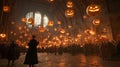 A Gathering of People in a Stone Hall Lit By Floating Jack-O-Lanterns Royalty Free Stock Photo