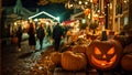 A gathering of various-sized pumpkins arranged neatly on a table, Halloween-themed street fair in a small coastal town