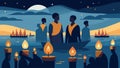 A gathering at a waterfront with candles floating on the water as a tribute to the ancestors who were brought to America