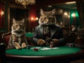 Gato vestido con una chaqueta negra de cuero jugando al poker