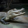 Gator captured in zoo habitat, reptile conservation concept