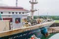 GATUN, PANAMA - MAY 29, 2016: Cargo ship is passing through Gatun Locks, part of Panama Cana Royalty Free Stock Photo
