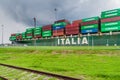 GATUN, PANAMA - MAY 29, 2016: Container ship Italia is passing through Gatun Locks, part of Panama Can Royalty Free Stock Photo