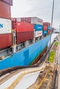 GATUN, PANAMA - MAY 29, 2016: Container ship is passing through Gatun Locks, part of Panama Can Royalty Free Stock Photo