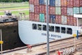 GATUN, PANAMA - MAY 29, 2016: Container ship is passing through Gatun Locks, part of Panama Can Royalty Free Stock Photo