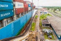 GATUN, PANAMA - MAY 29, 2016: Container ship is passing through Gatun Locks, part of Panama Can Royalty Free Stock Photo