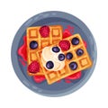 Gaufre or Waffles with Blueberry and Whipped Cream as Dessert Served on Plate Vector Illustration