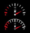 Gauge of fuel. Guage of gas, petrol. Full or empty tank of gasoline or diesel in car. Indicators with arrow on dashboard in truck Royalty Free Stock Photo