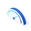 Gauge or meter indicator icon in isometric vector design. Speedometer 3d sign with scale and arrow. Progress performance chart