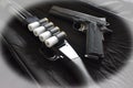 12 Gauge Shotgun With 1911 45 Auto Handgun Close Up With White Vignette Effect