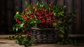 gaultheria procumbent and coniferous in basket as winter garden decoration Royalty Free Stock Photo