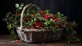gaultheria procumbent and coniferous in basket as winter garden decoration Royalty Free Stock Photo