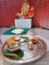 Gauri puja thali setup in small gauri mandir