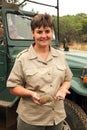 Gauteng Department of Nature Conservation representative showing pieces of trimmed horn.