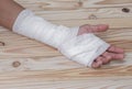 Gauze bandage the hand contusion. treating patients with hand