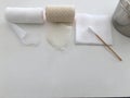 Gauze ,roll gauze ,roll bandage ,swab and jar in dressing medical healthcare wound concept with copy space