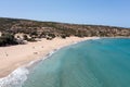 Gavdos island, Crete, Greece. Aerial drone view of sandy beach, wild landscape, ripple sea water