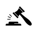 Gavel, attribute for judge. Silhouette icon of law hammer with stand. Black simple illustration of court hearing, legal dispute