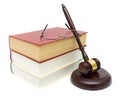 Gavel, Books And Glasses Closeup Isolated On White Background