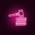 Gavel, books neon icon. Elements of Law & Justice set. Simple icon for websites, web design, mobile app, info graphics