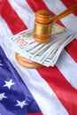 Gavel, cash and flag on table, Royalty Free Stock Photo