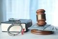 gavel, cash and handcuff on table, close up Royalty Free Stock Photo