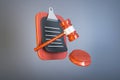 Gavel with clipboard floating on a gray background, representing justice and legal decisions. 3D Rendering