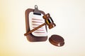 Gavel, clipboard with paper, and sound block floating on cream background. Concept of law and justice. 3D Rendering. 3D Rendering