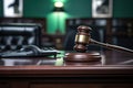 a gavel on a desk, next to a computer keyboard Royalty Free Stock Photo