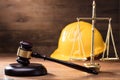 Gavel In Front Of Yellow Safety Helmet And Golden Scale