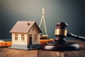 Gavel, house and books on wooden table. Law and justice concept Ai generative Royalty Free Stock Photo