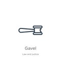 Gavel icon. Thin linear gavel outline icon isolated on white background from law and justice collection. Line vector gavel sign, Royalty Free Stock Photo